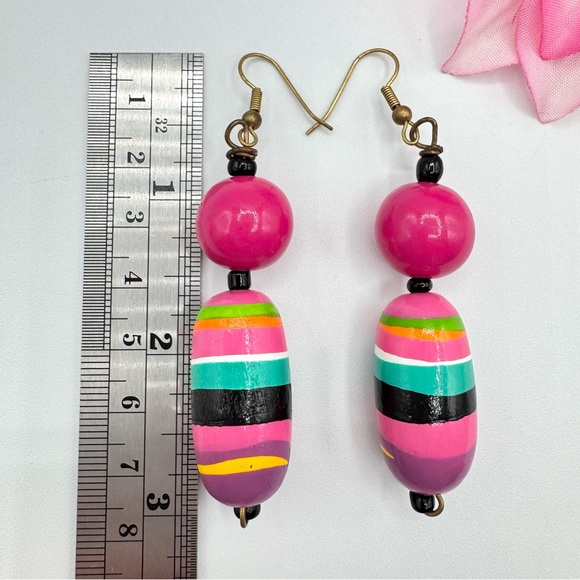Vintage Hand Painted Bright Multicolor Wood Bead Dangle Earrings Whimsical Fun - Picture 4 of 7